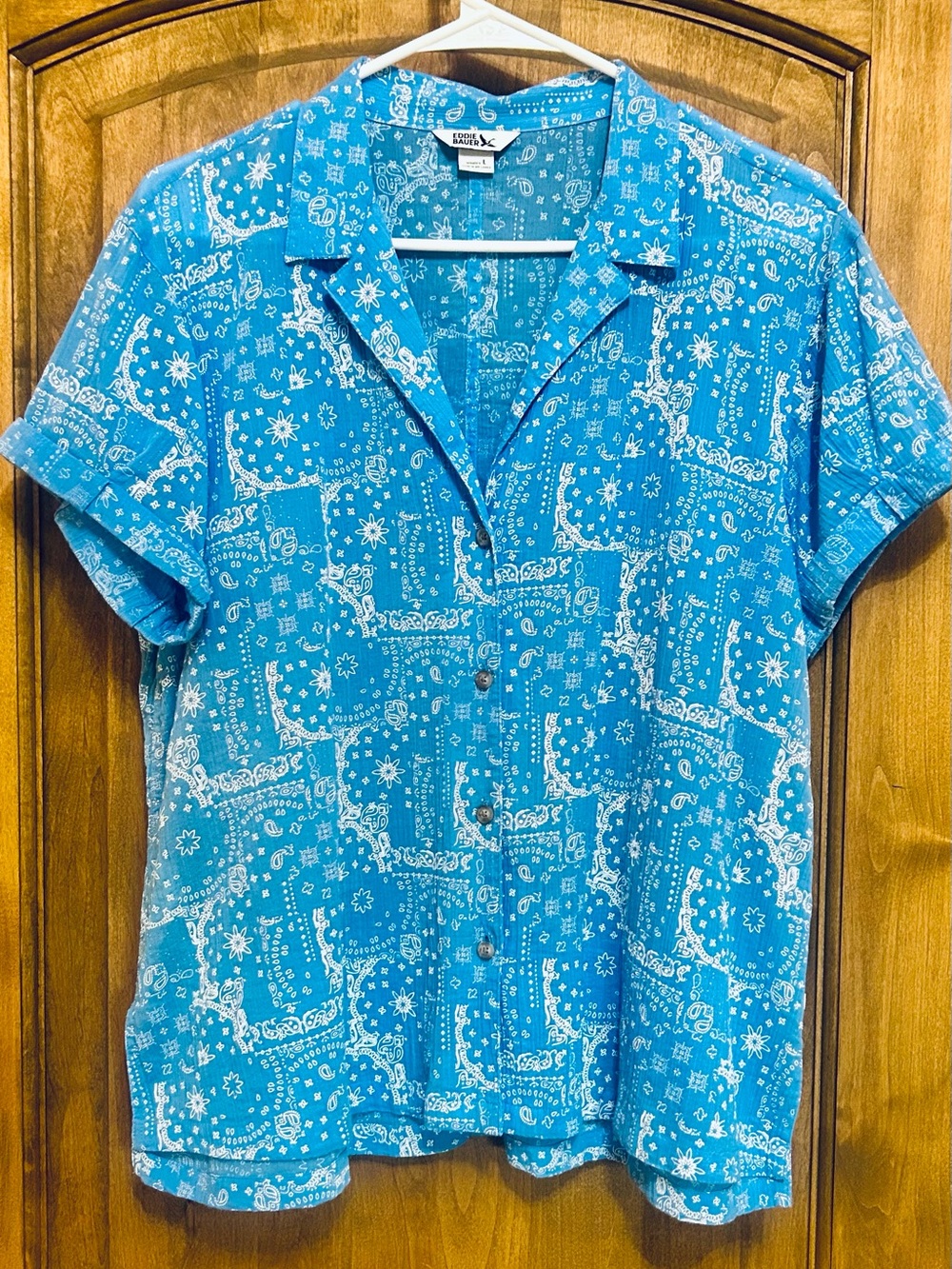 Eddie Bauer Cotton Print Shirt, blue and White, size L